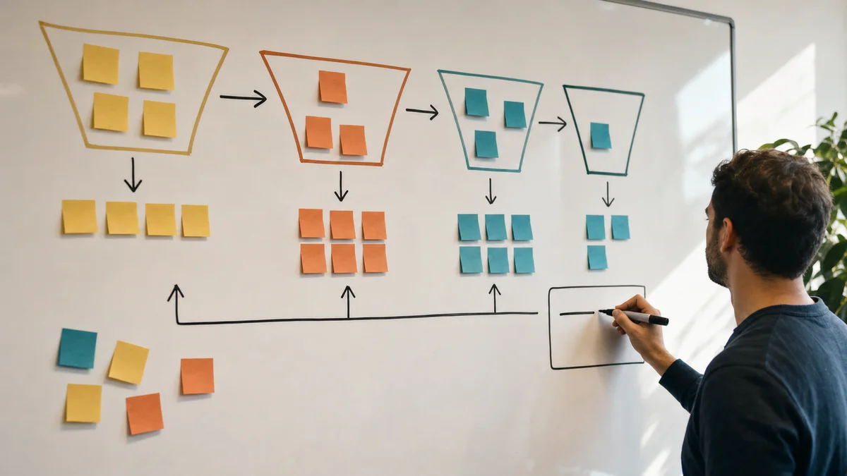 Whiteboard showing CPL versus cost per SQL funnel metrics with sticky notes and arrows