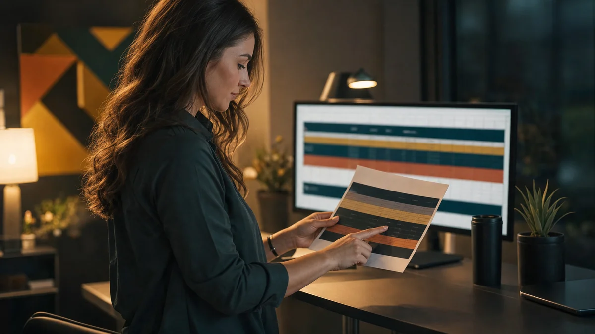 Demand generation lead comparing benchmark data on a printout beside a spreadsheet on monitor