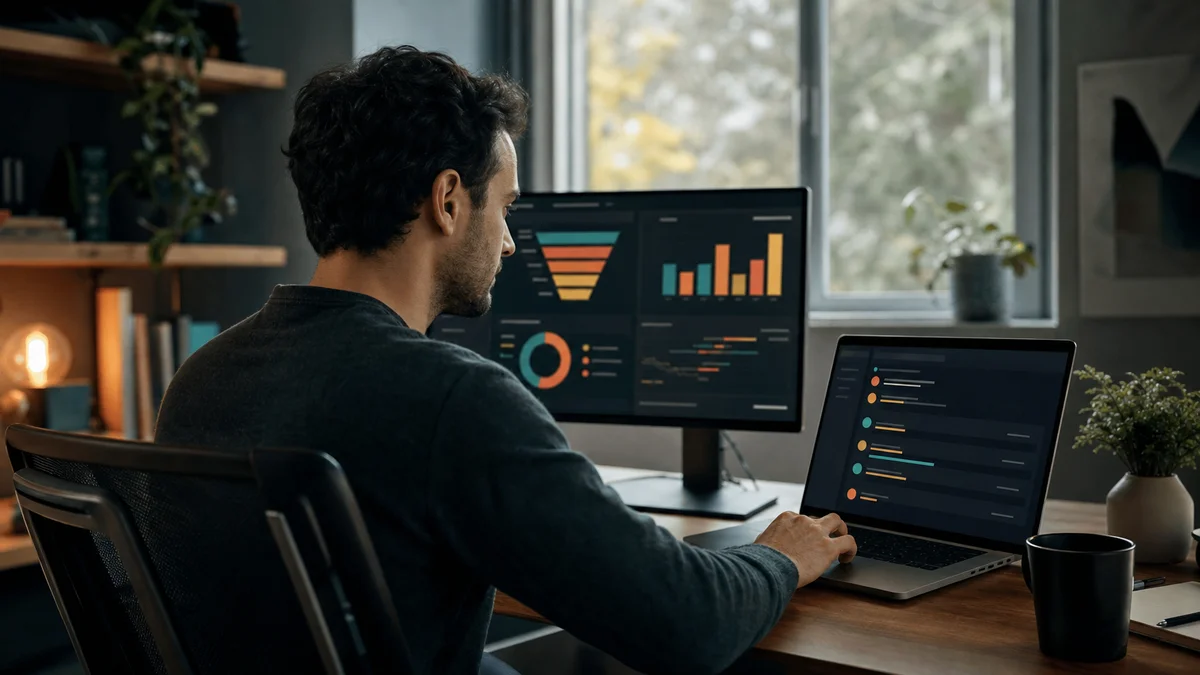 PPC manager reviewing attribution settings on laptop with a CRM dashboard on a second monitor