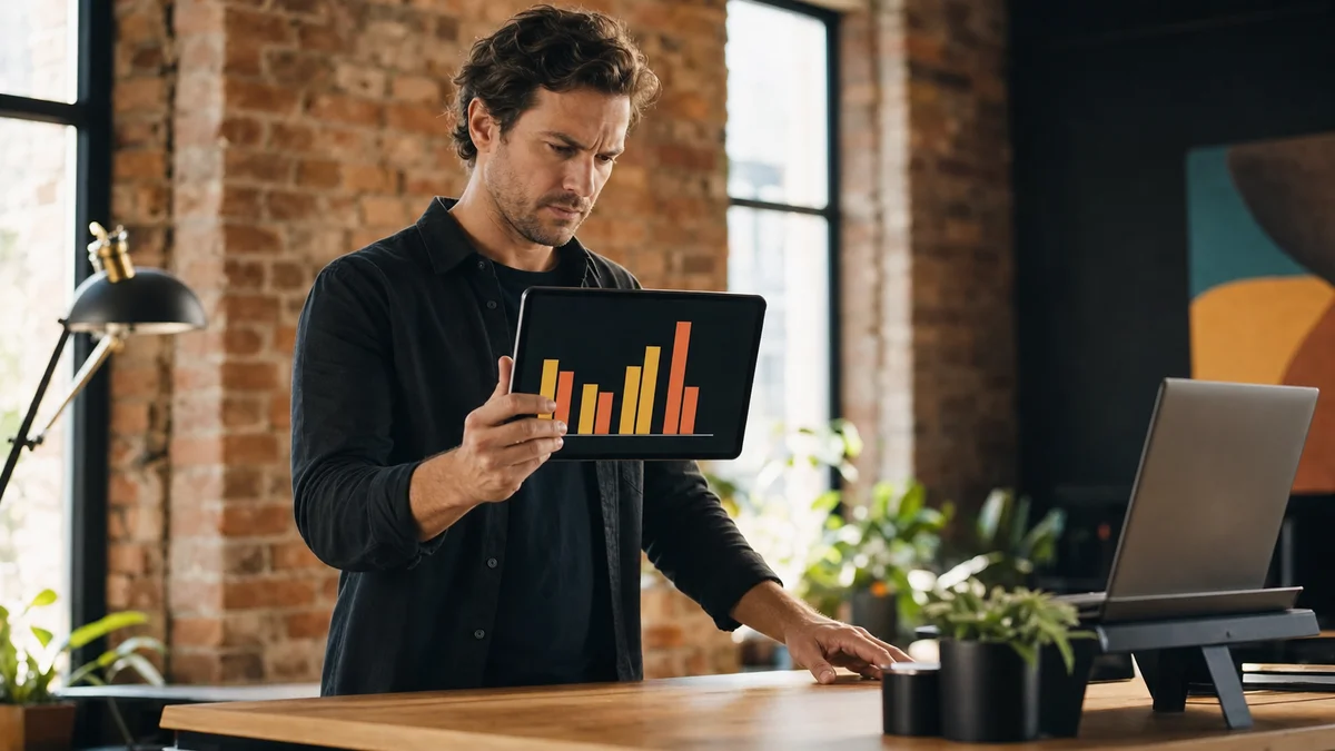 Founder at a standing desk reviewing a tablet showing an ad spend versus pipeline bar chart