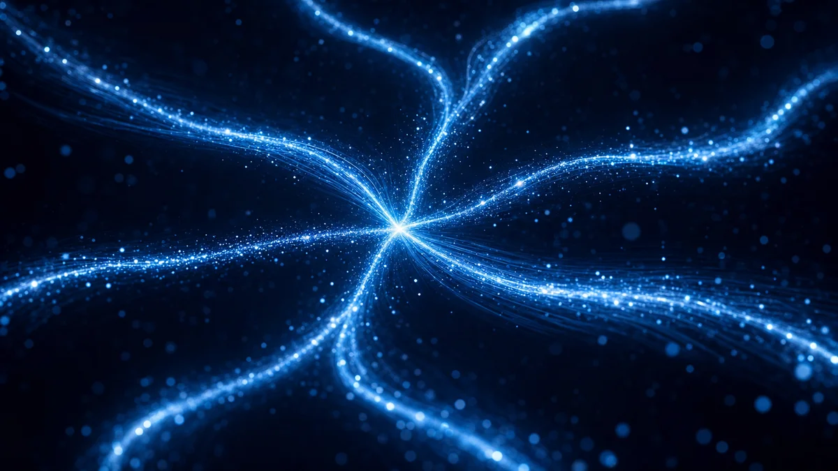 Abstract particle streams splitting into branching decision pathways on navy background