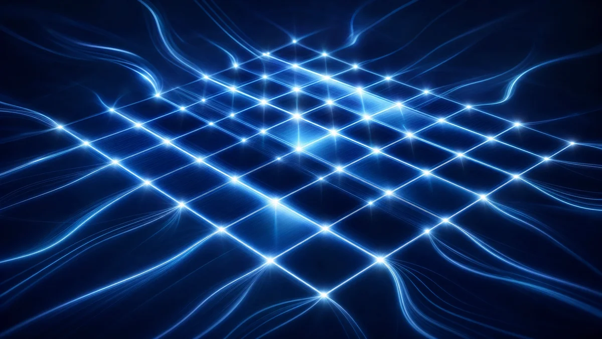 Luminous grid of intersecting light lines representing a multi-criterion agency scorecard