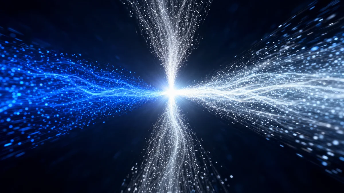 Three converging streams of energy particles merging into a single column of light