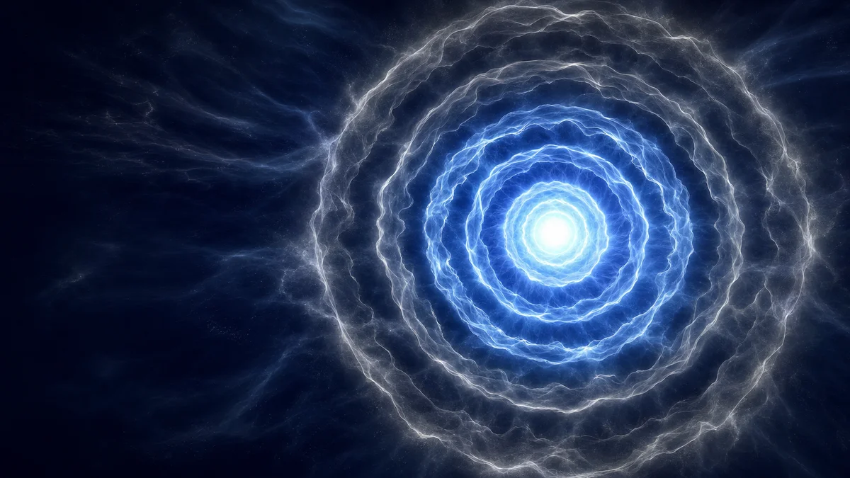 Concentric rings of flowing light expanding outward representing multi-stakeholder governance tiers