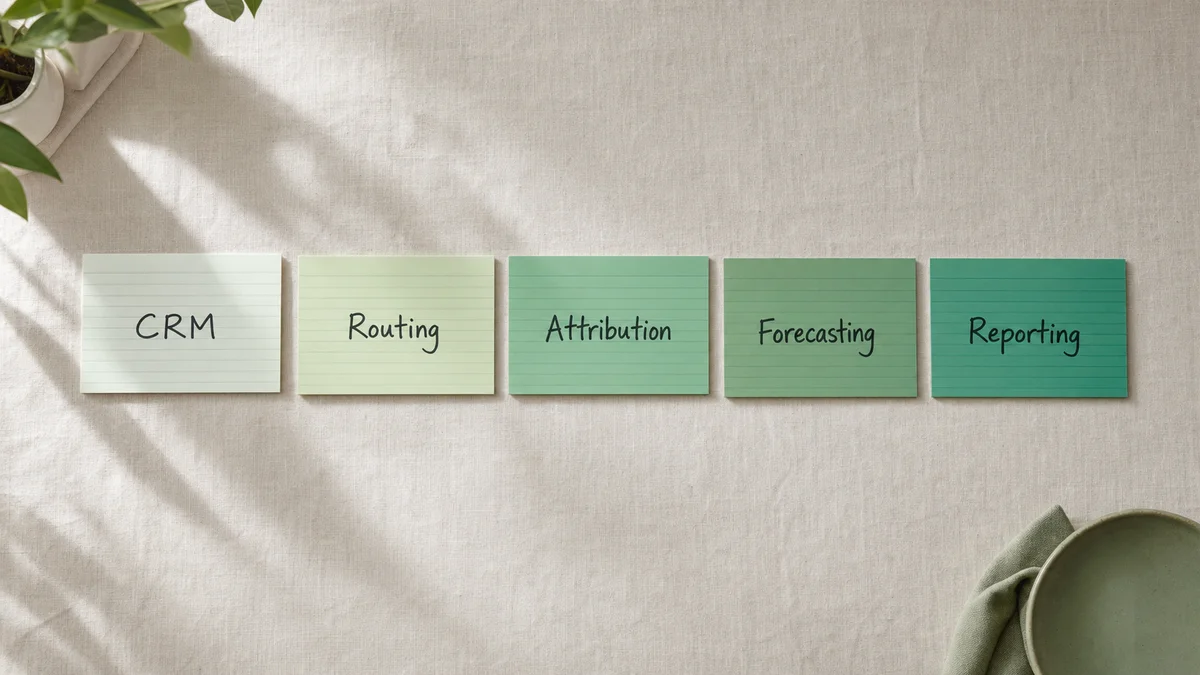 Five RevOps category cards arranged in sequence on a pale linen surface