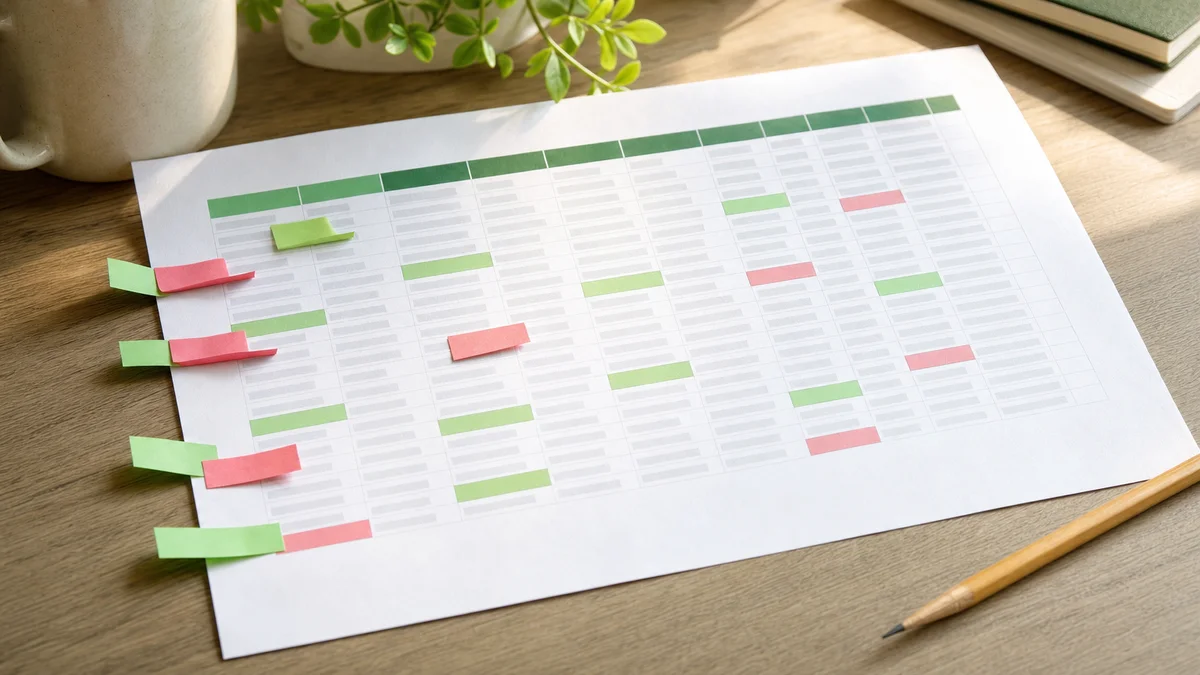 Printed CRM data audit spreadsheet with colored sticky-note flags on missing fields