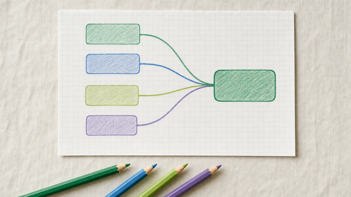 Hand-drawn attribution map on graph paper showing four channels converging on a closed-won endpoint