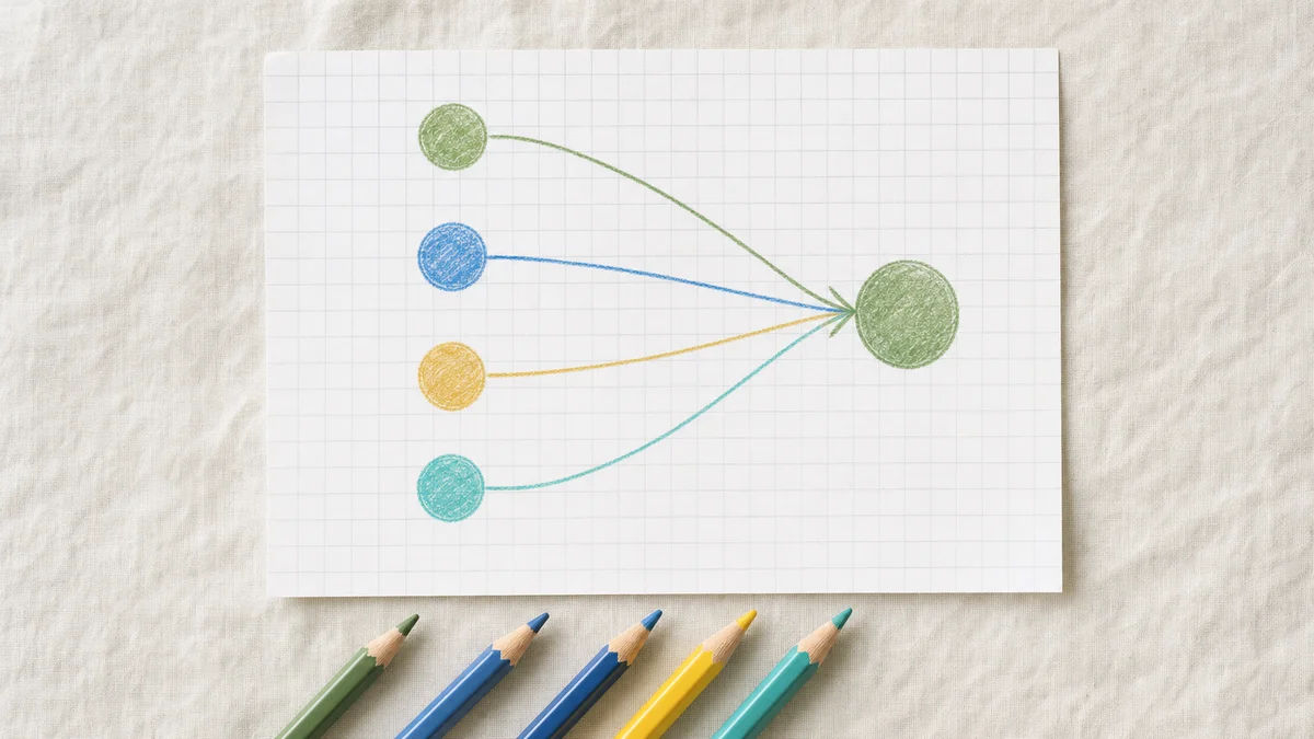 Multi-touchpoint attribution map drawn in colored pencil on graph paper