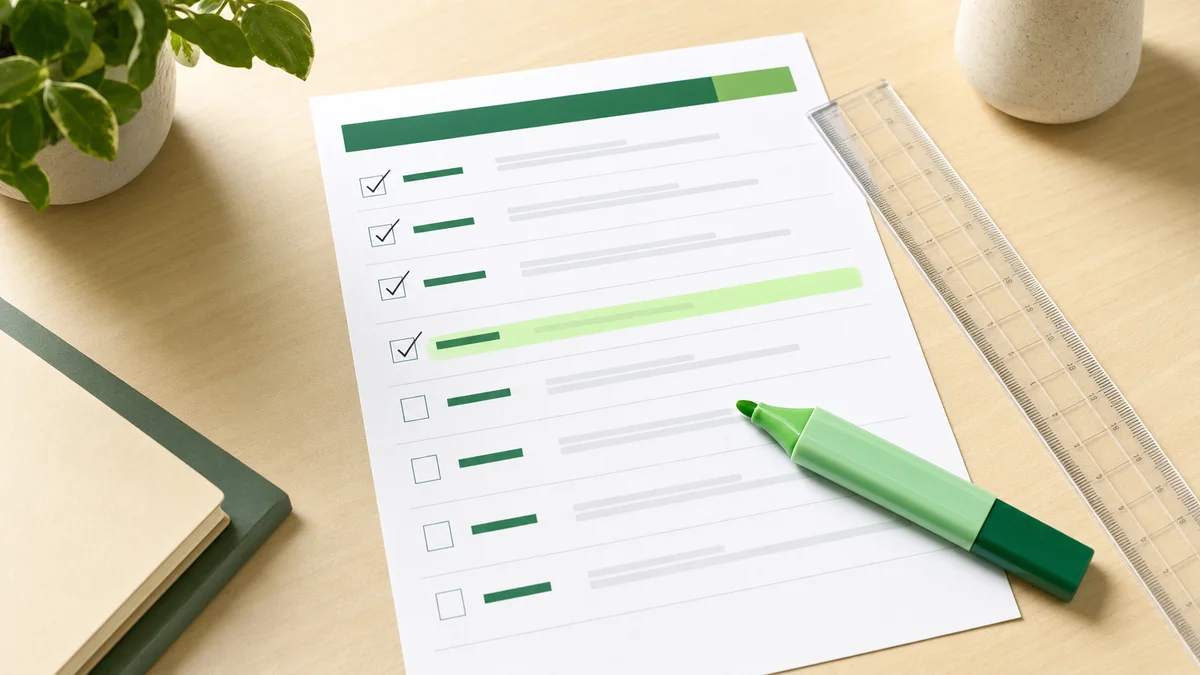 Forecast criteria checklist on paper beside a ruler and green highlighter