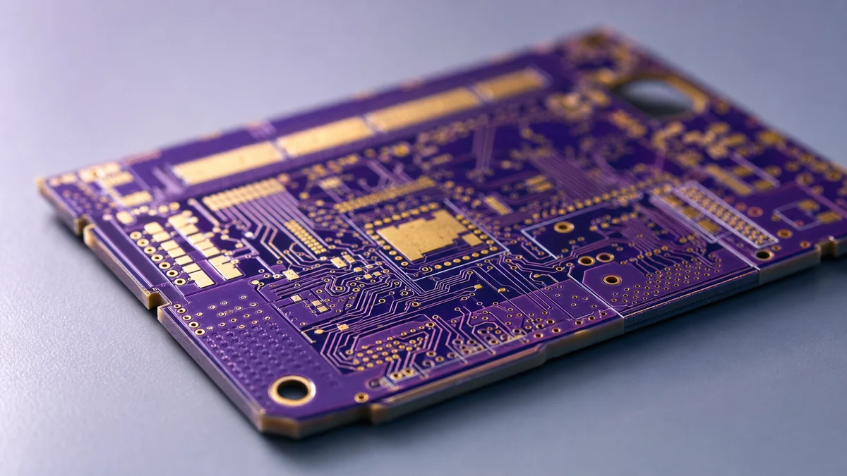 Extreme macro close-up of a printed circuit board showing gold contact pads and copper traces