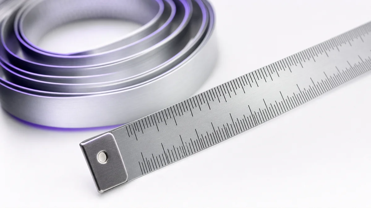 Extreme macro of a steel measuring tape coiled on a white surface showing fine gradations