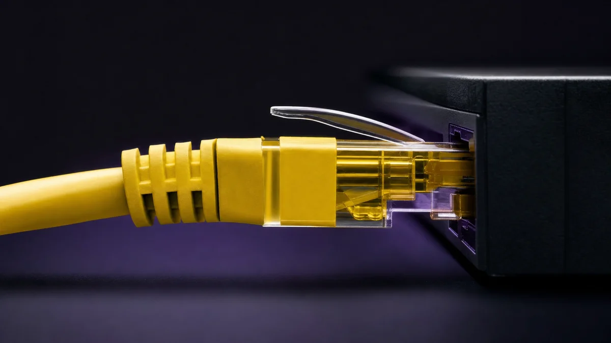 Close-up macro of a yellow RJ-45 ethernet connector seated in a port with locking clip visible