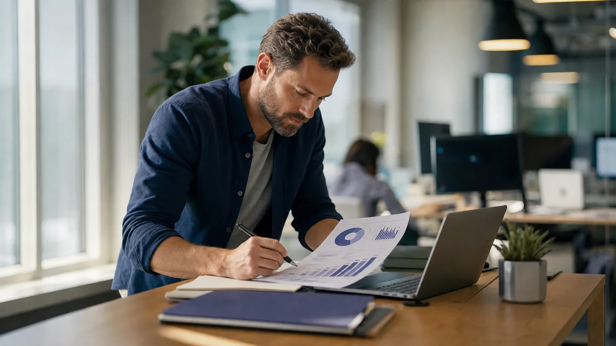 Marketing manager reviewing a printed pipeline report at a standing desk