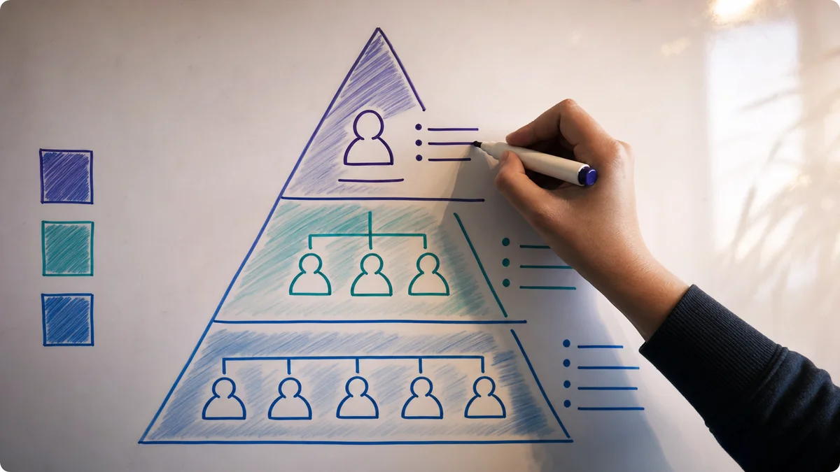 Whiteboard showing a hand-drawn account tier pyramid with T1 T2 T3 labels and stakeholder roles