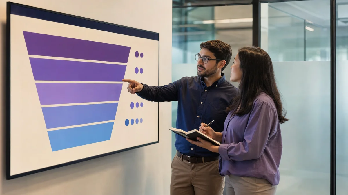 Sales and marketing colleagues pointing at pipeline stage data on a wall-mounted monitor