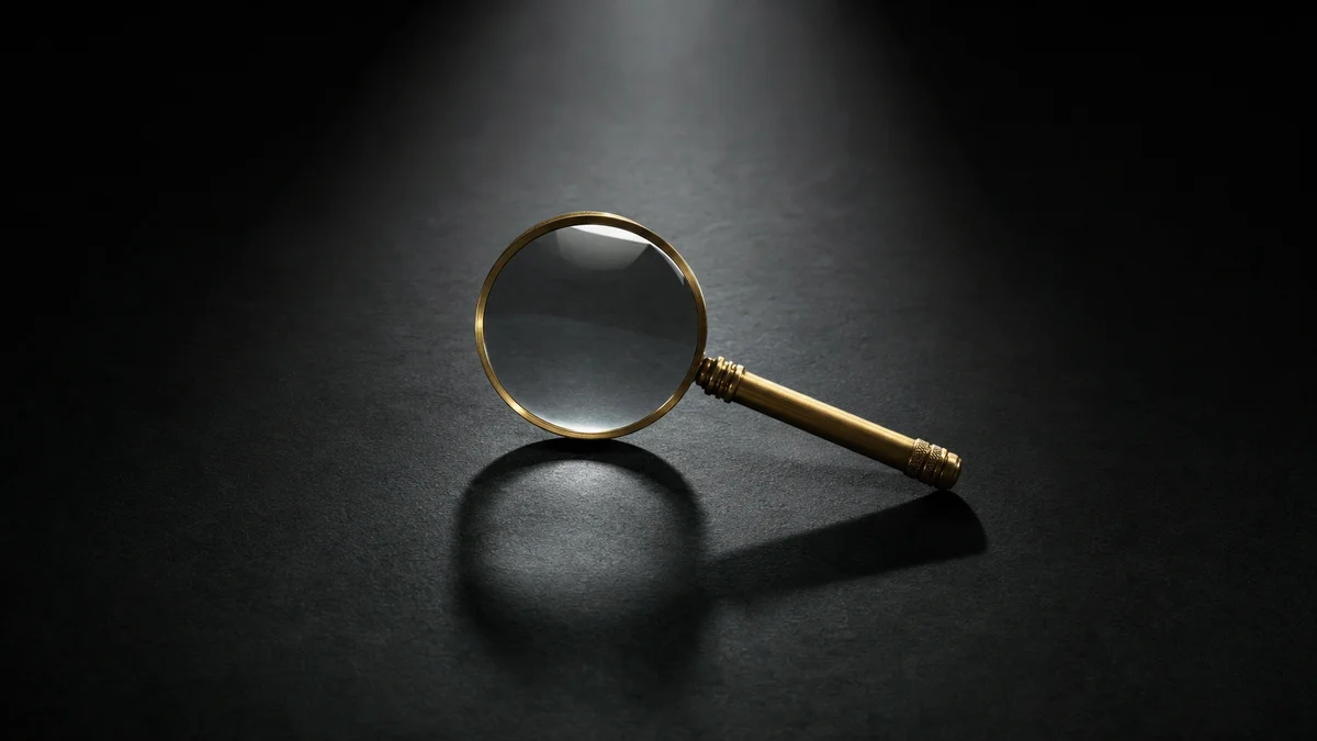 A lone precision magnifying glass under a single spotlight on a dark surface