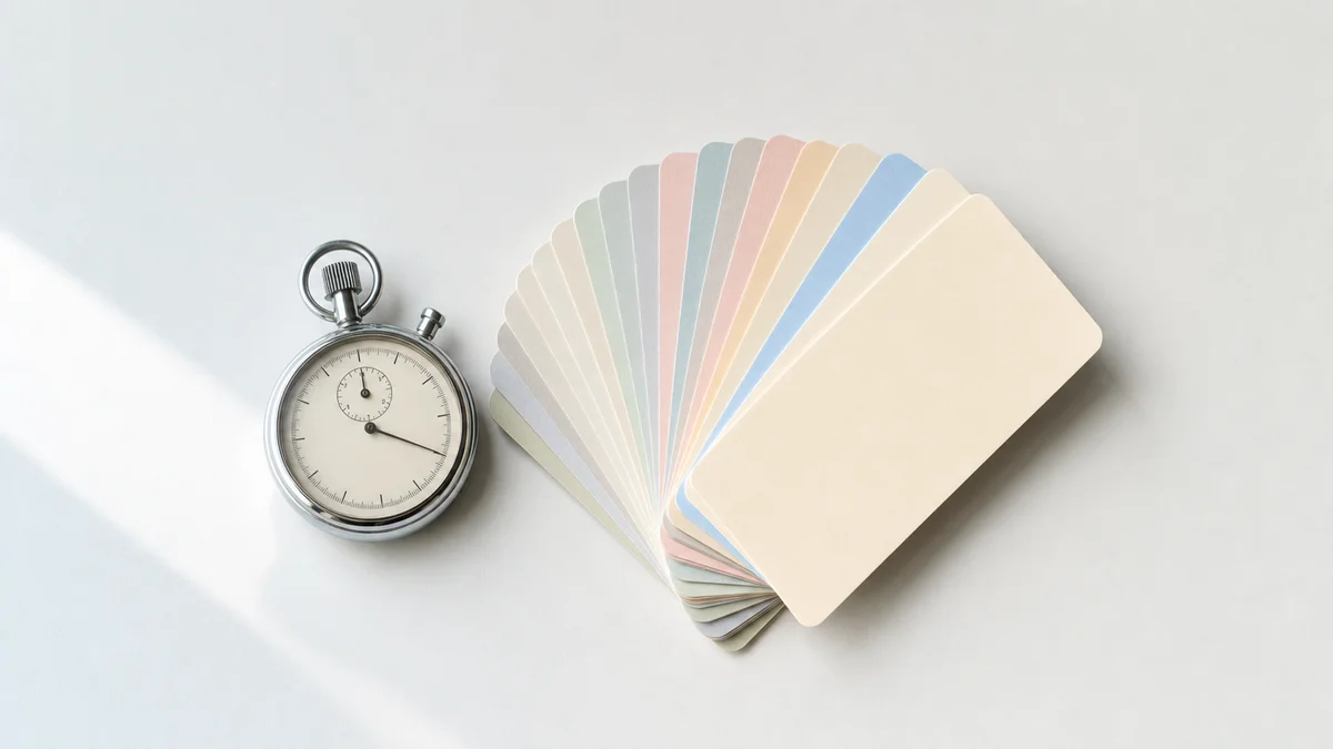 A stopwatch beside fanned prompt cards on a clean white surface under cool directional light