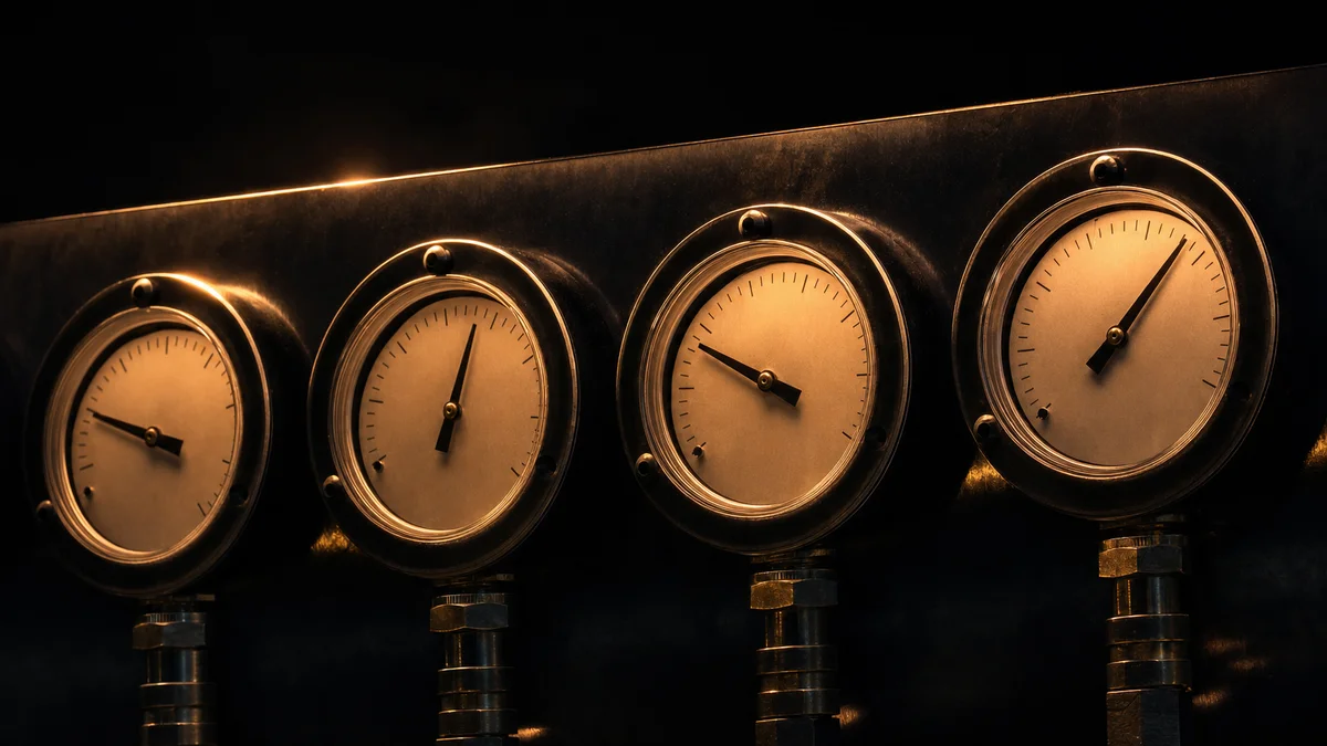 Four engine gauges in a row on a dark panel, each showing a different percentage reading