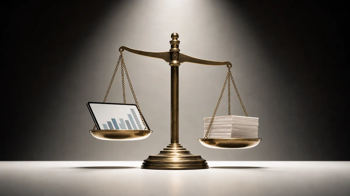 A brass balance scale tipping toward a stack of prompt cards, away from a slim dashboard tablet