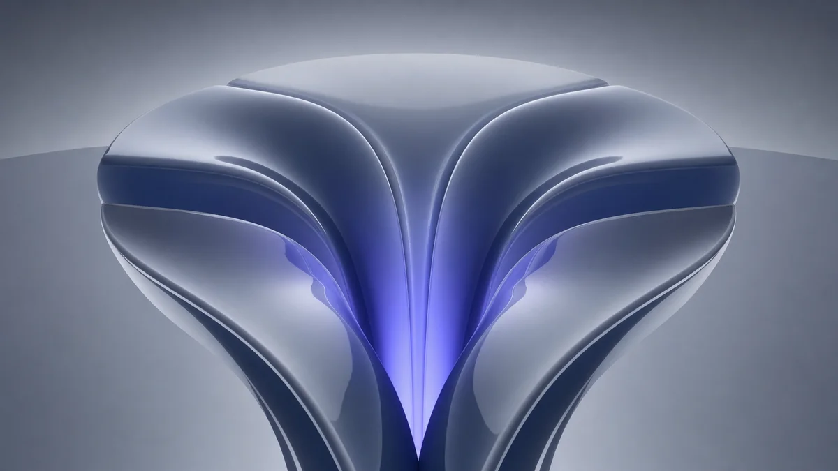 Abstract 3D sculptural funnel with four converging channels merging into a single indigo pipeline core