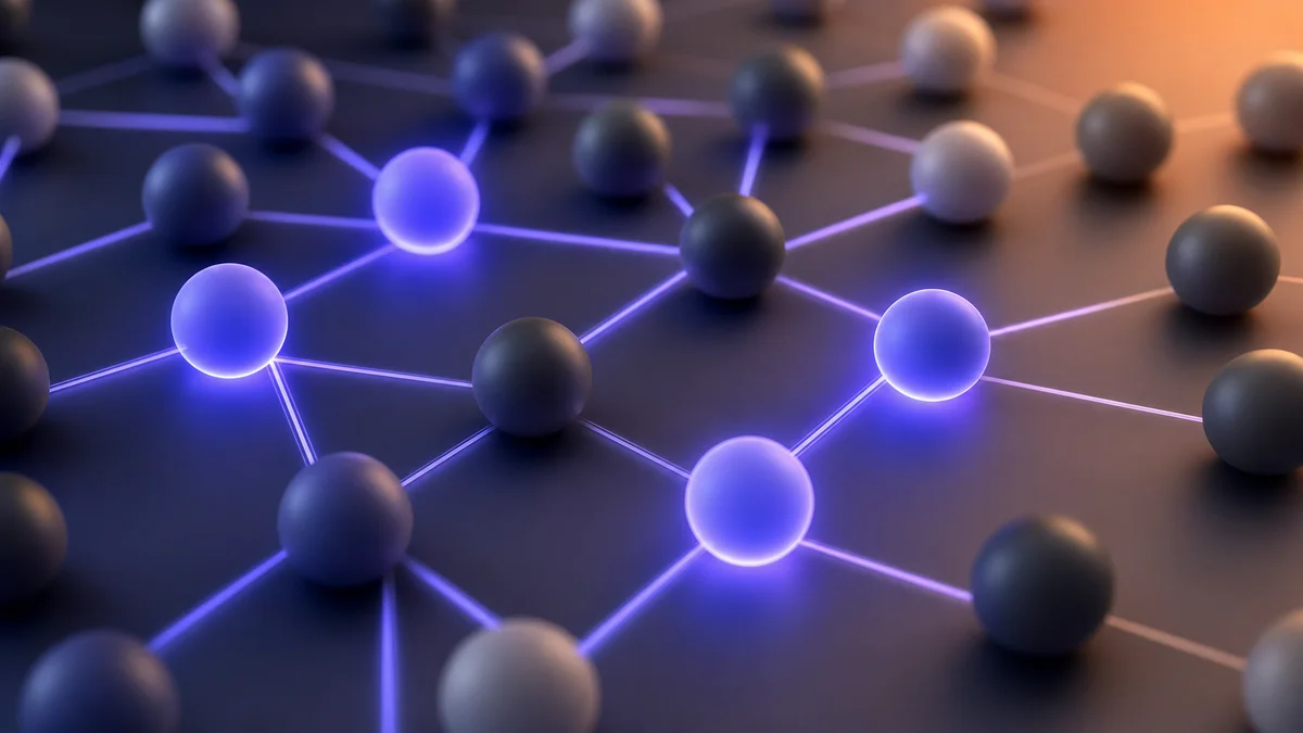 Abstract 3D grid of account nodes with glowing indigo pathways showing account-level grouping