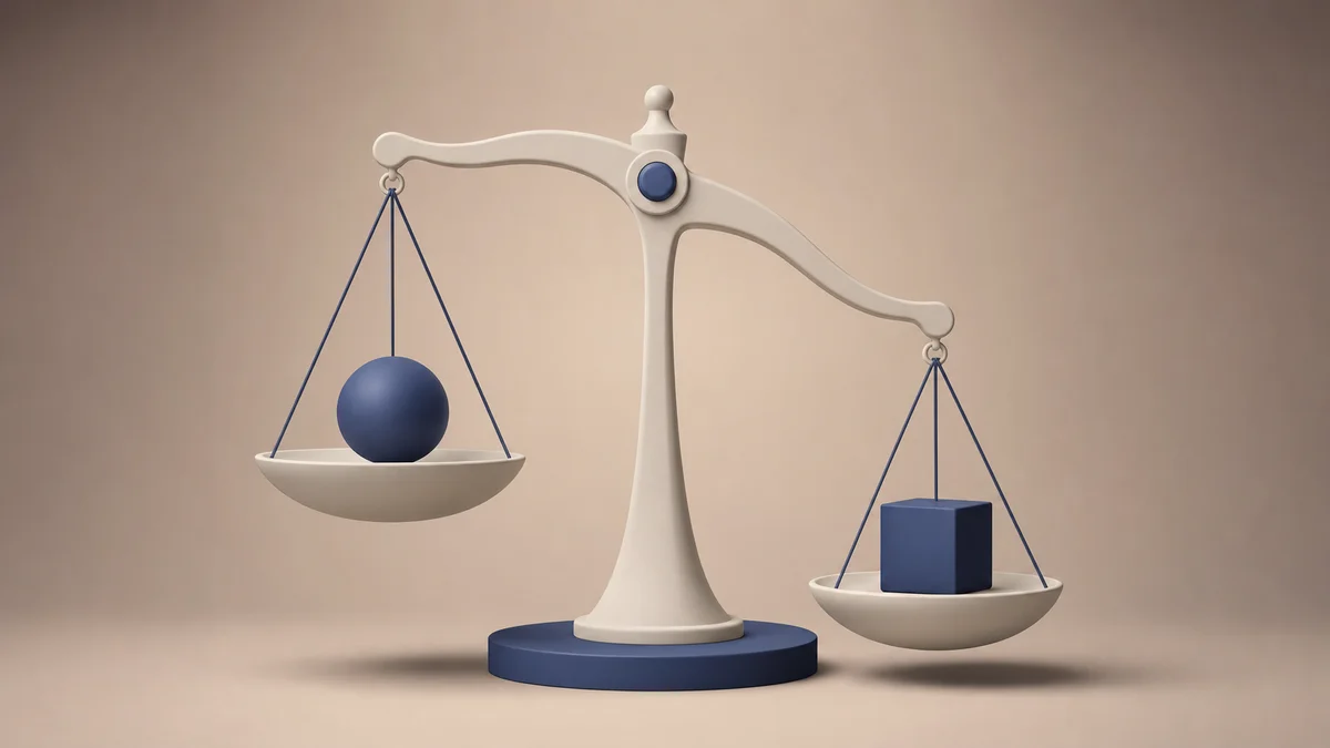 Abstract 3D sculptural balance scale with two counterweights representing treated and holdout account groups