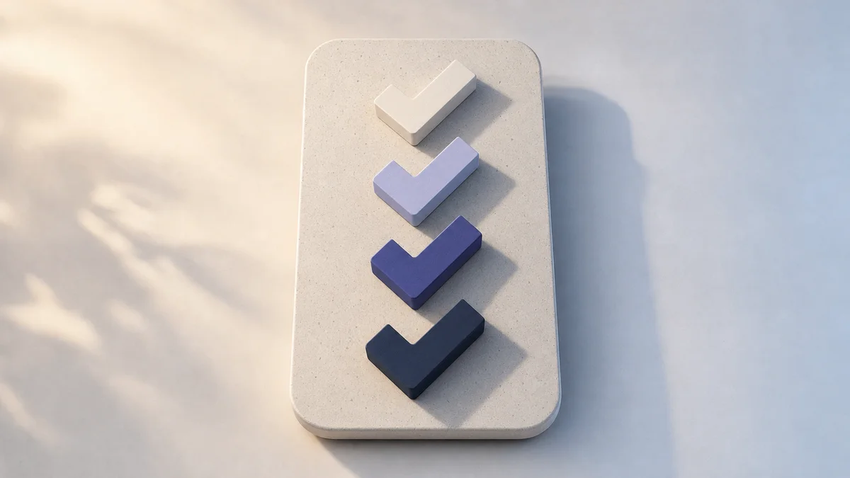 Abstract 3D sculptural tile with four raised indigo checkmark forms representing an attribution feature checklist