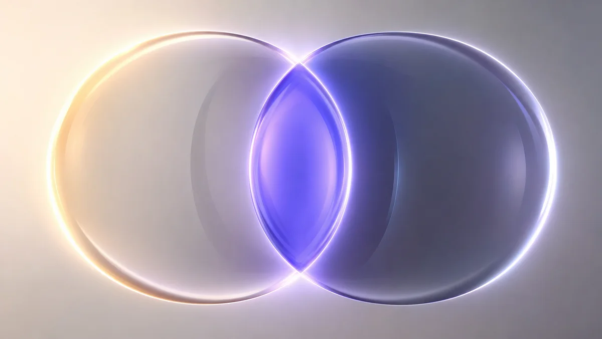 Abstract 3D overlapping ovoid forms in indigo and cream with a glowing intersection zone