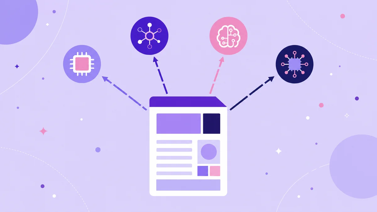 Flat vector of a B2B SaaS content page emitting citation signals toward four AI engine icons