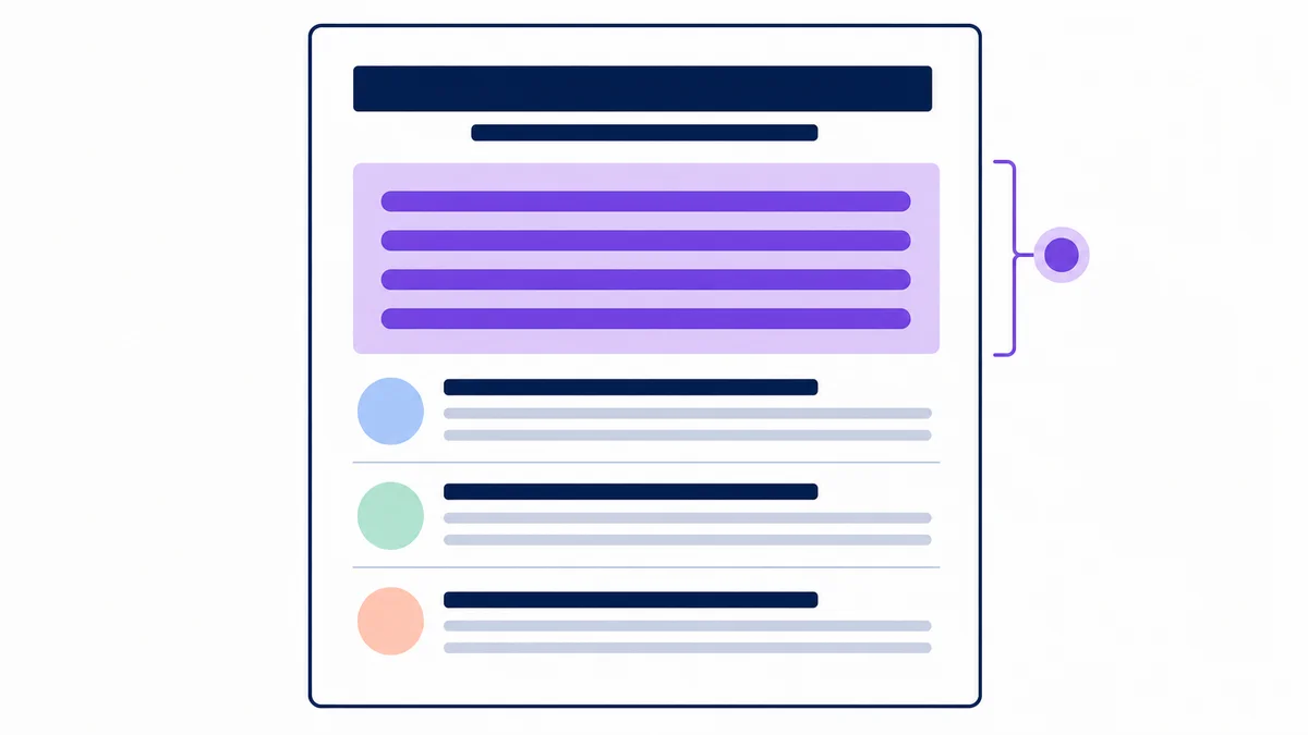 Flat vector diagram of a B2B SaaS page with answer-first structure and semantic section blocks