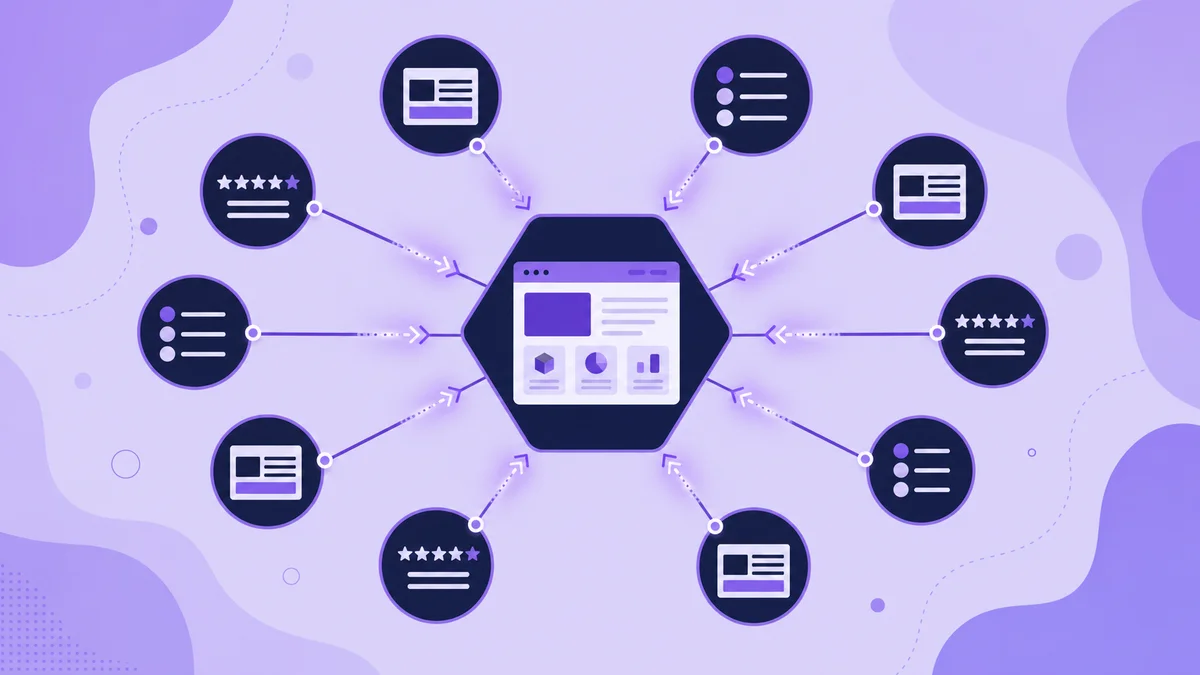 Flat vector of third-party publication nodes linking to a central B2B SaaS vendor website node