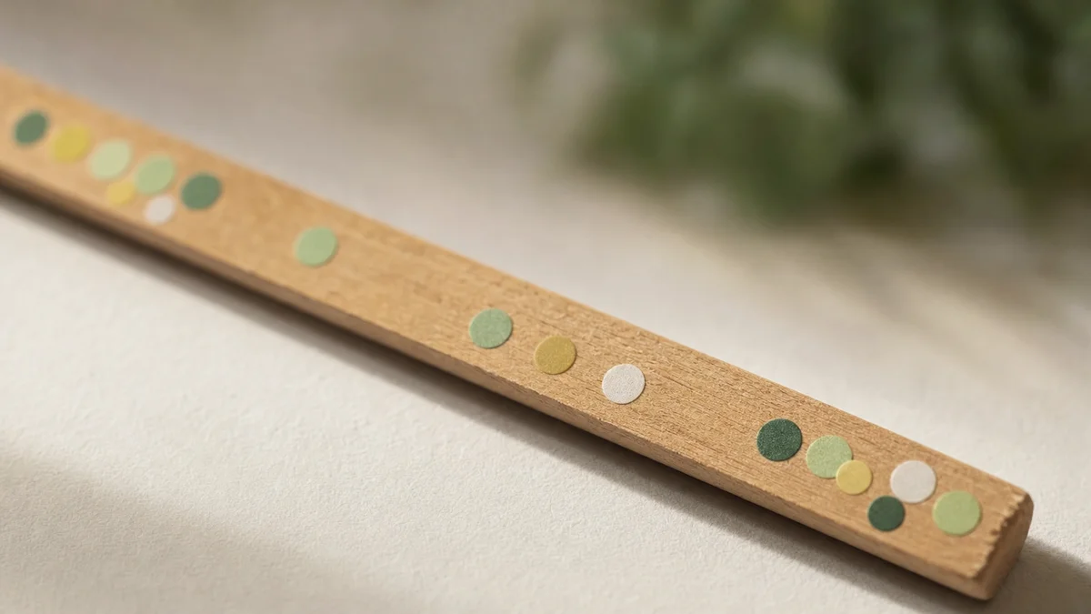 Macro close-up of a ruler with coloured attribution touchpoint dot stickers at uneven intervals