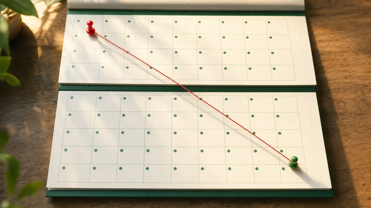 Macro close-up of a desk calendar showing an 84-day span marked with a red thread