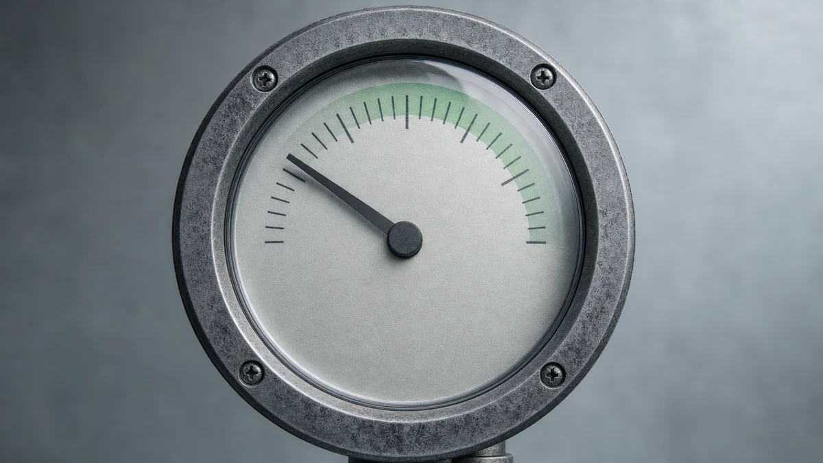 Macro image of a vintage analogue dial gauge needle pointing near the 38% position