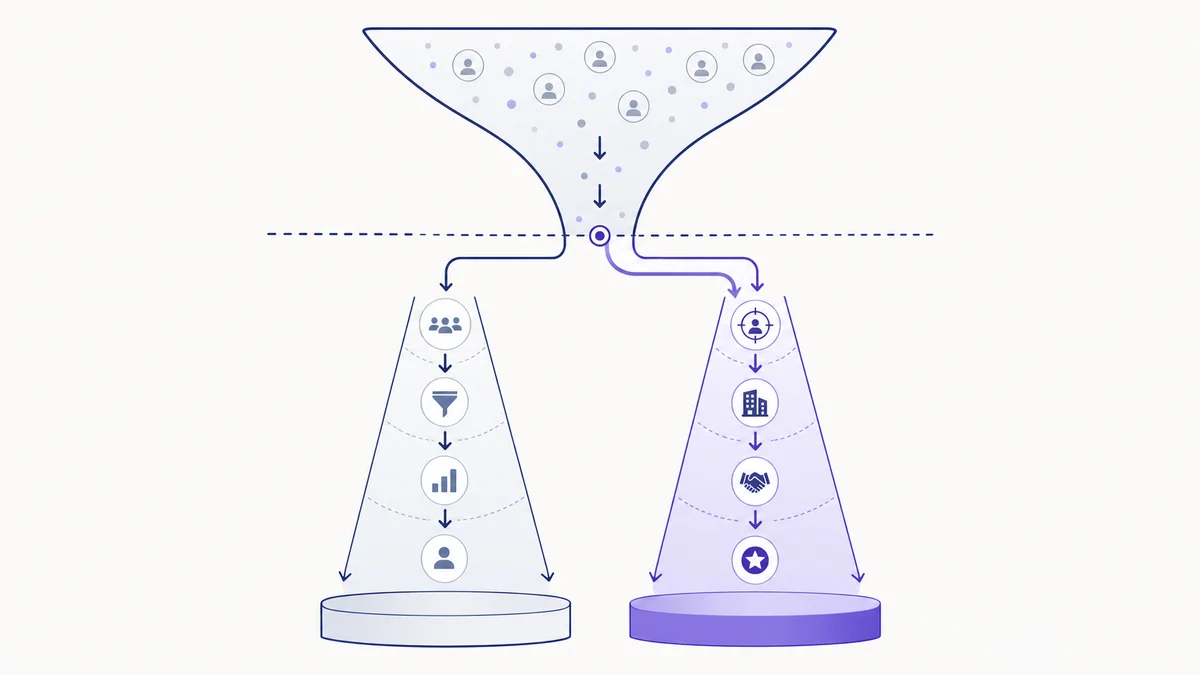 Split funnel diagram separating broad demand generation from named-account ABM at the $25K ACV threshold