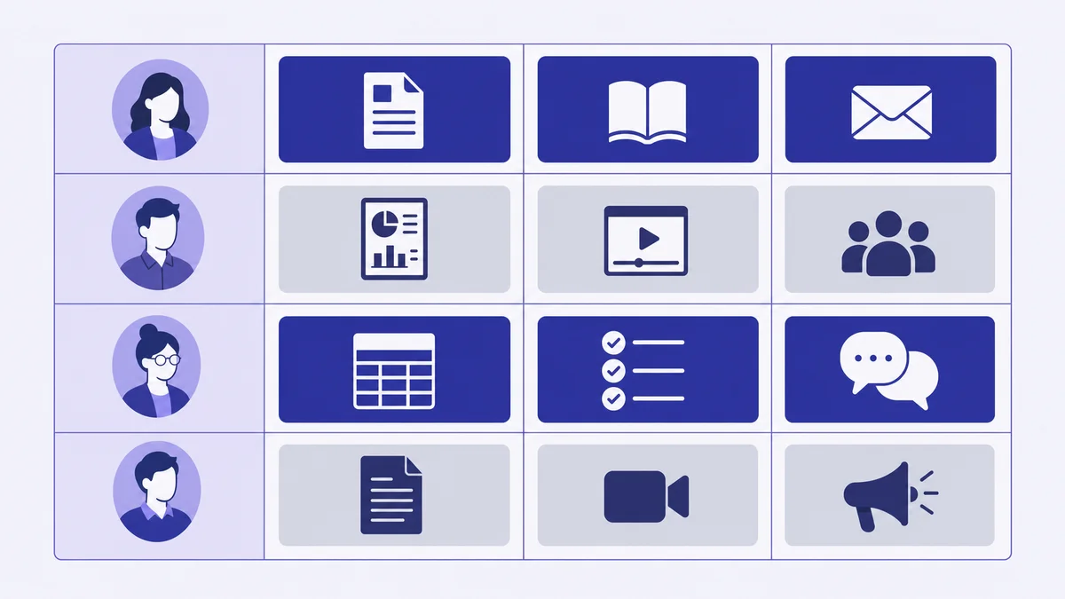 Content matrix grid mapping buying-committee roles to content type, format, and distribution channel