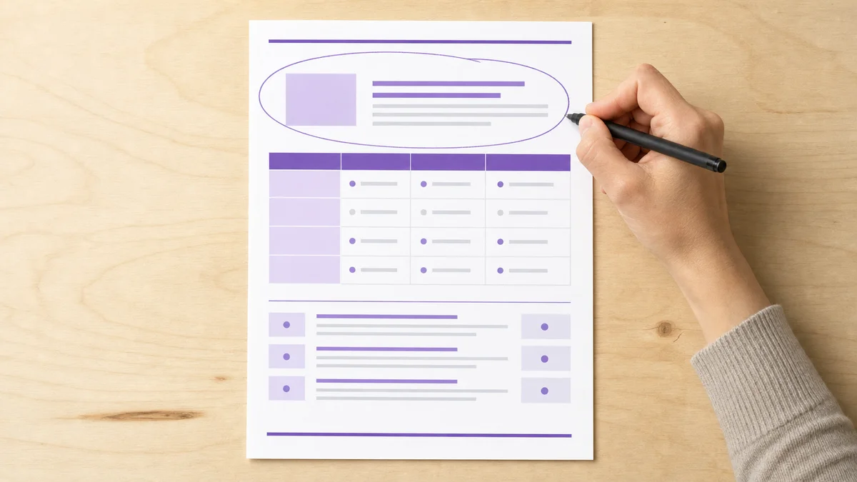 Structured content page with answer block and FAQ table visible on a desk
