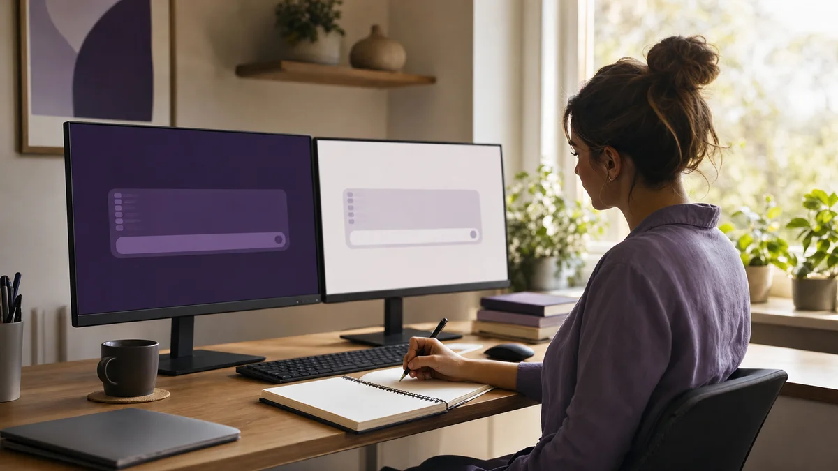 Content marketer checking brand citations across multiple AI engines on two monitors