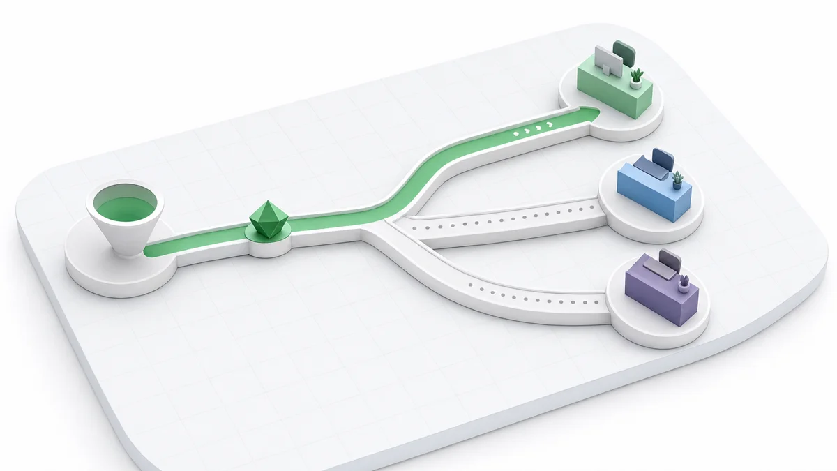 Isometric diagram of a lead entering a routing pipeline with branching paths to three rep queue lanes