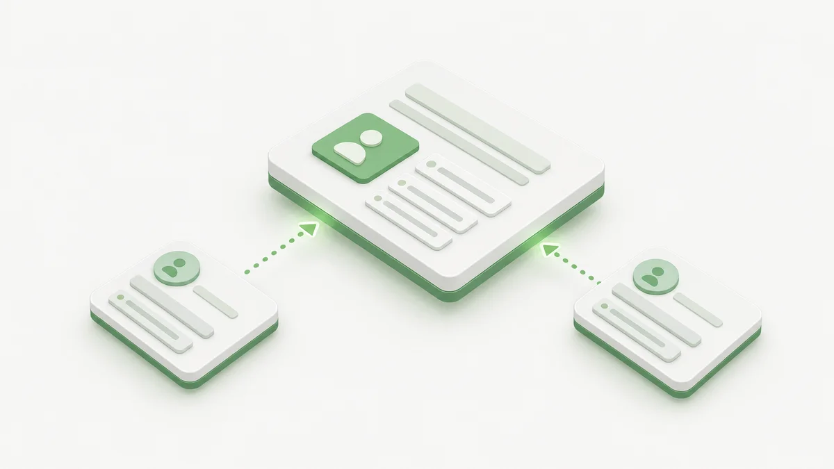 Isometric 3D scene of a CRM account card matched to two inbound lead tokens via dotted connector lines