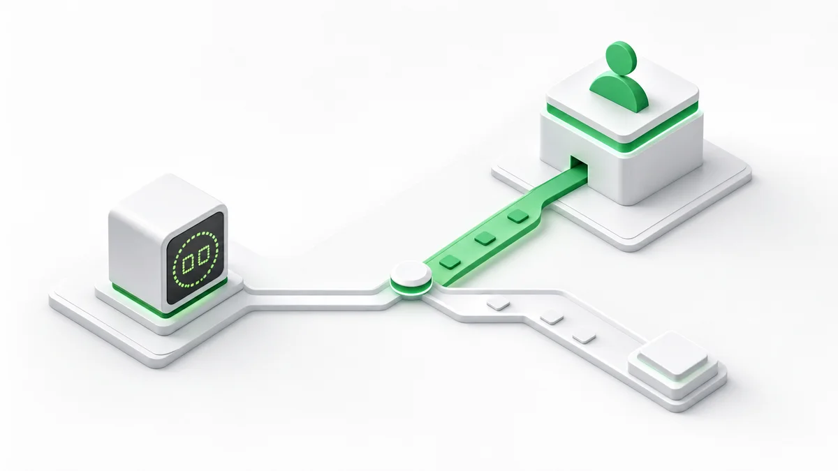 Isometric SLA countdown timer with an escalation path branching to an elevated manager queue object