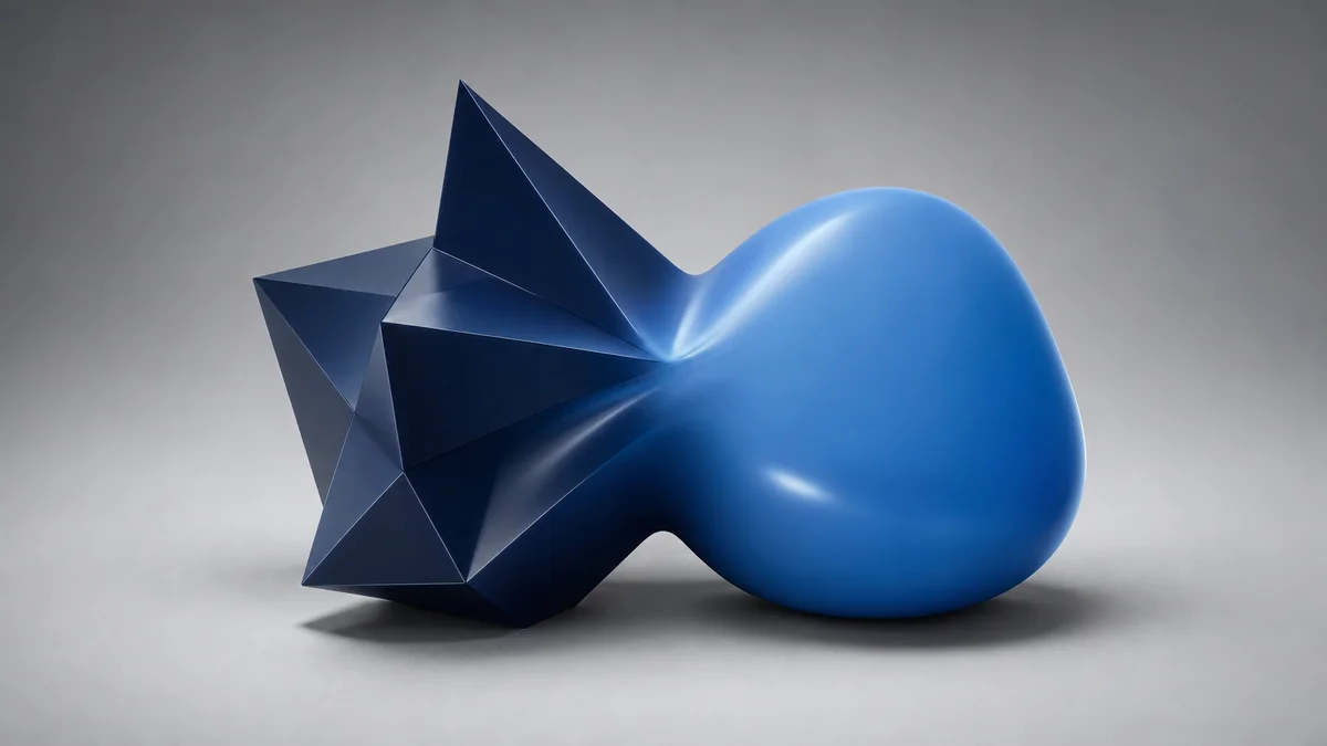 Two abstract 3D sculptural forms merging at a shared boundary in navy and blue