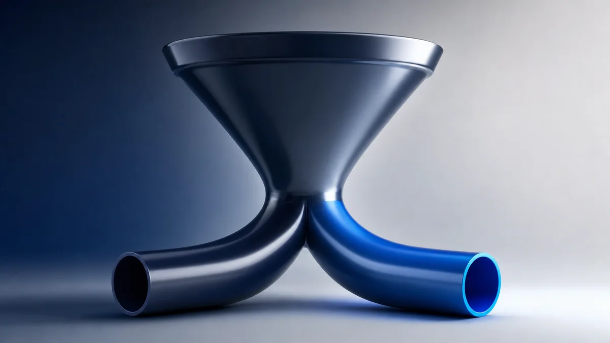 Abstract 3D funnel form splitting into two distinct channels at its base in navy and blue