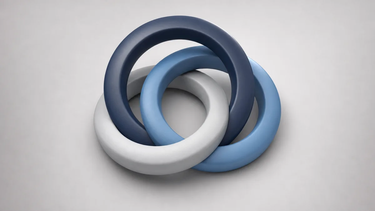 Three interlocking 3D torus rings in navy, blue and grey representing three citation conditions