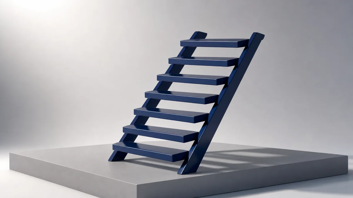 Abstract 3D angular ladder rising from a flat platform in navy symbolising citation-to-pipeline progression