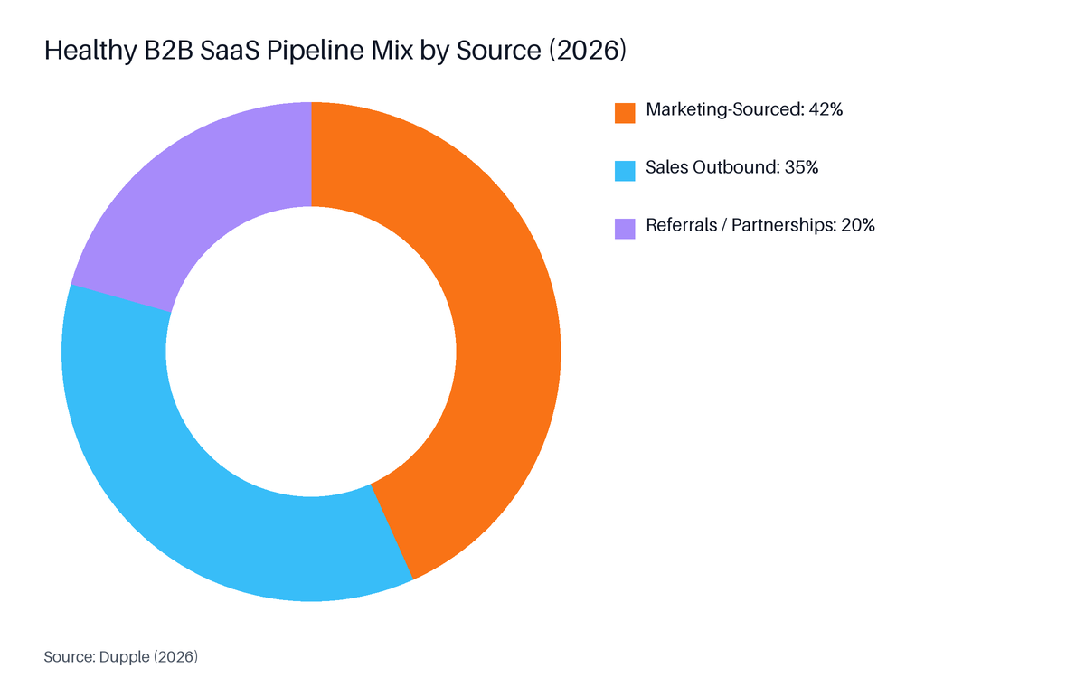 Donut chart: Healthy B2B SaaS Pipeline Mix by Source (2026). Highest: Marketing-Sourced at 42%.