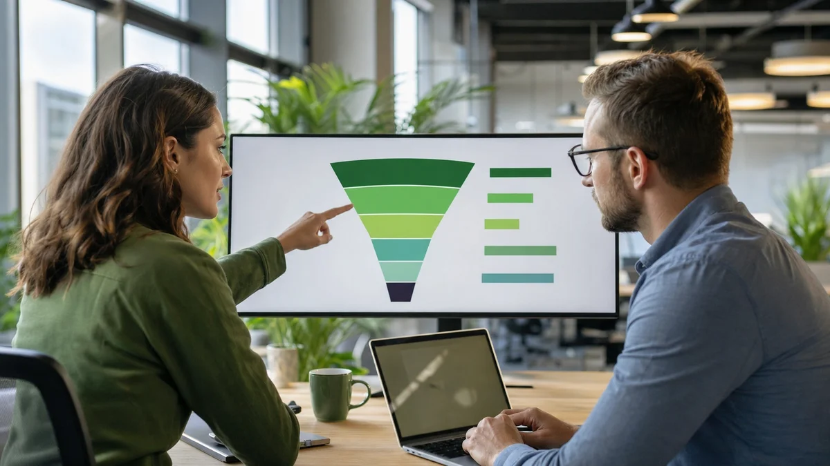 Two colleagues reviewing a shared revenue pipeline dashboard on a large monitor