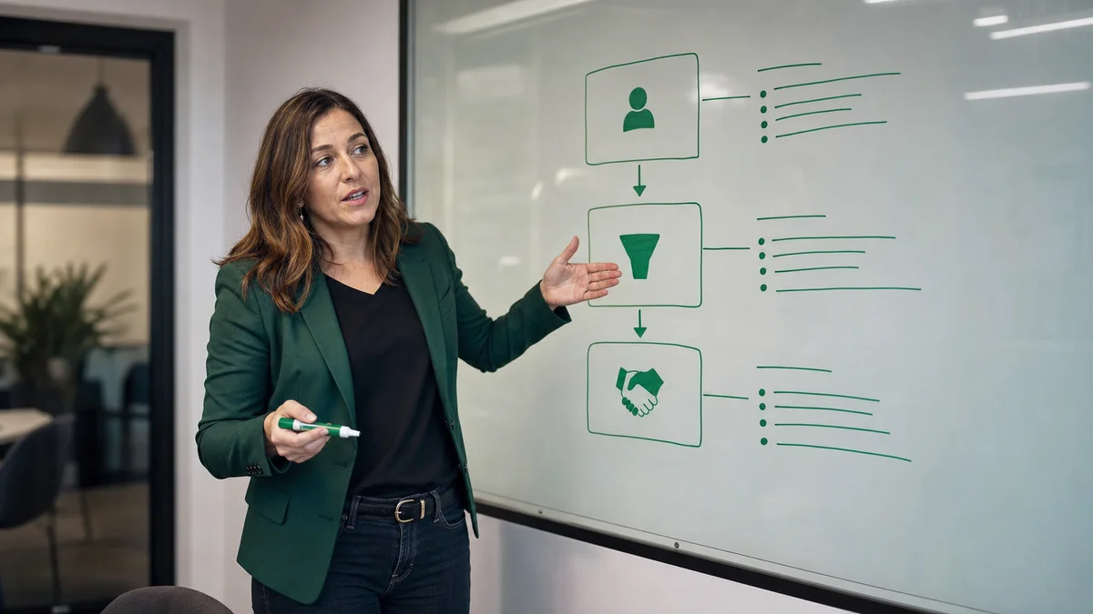 RevOps manager writing funnel stage entry criteria on a glass whiteboard