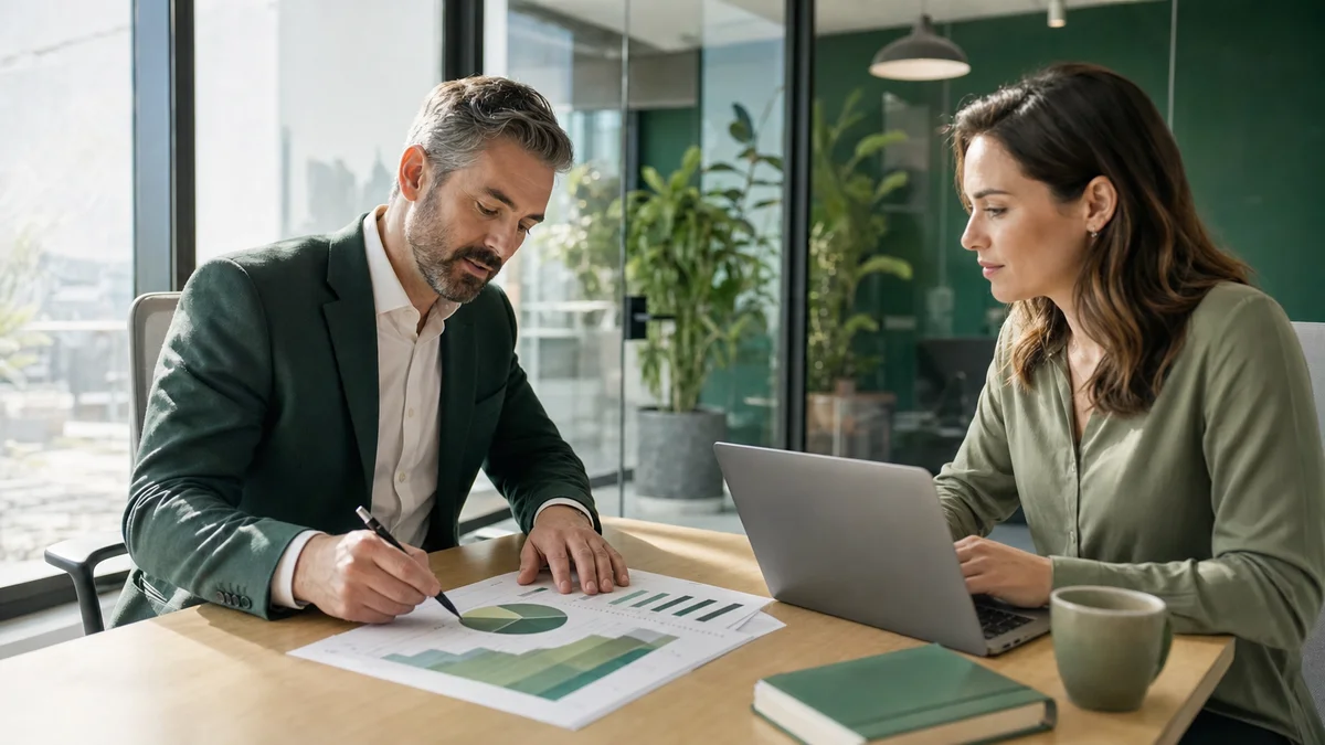 CFO and marketing manager reviewing a printed pipeline coverage report at a table