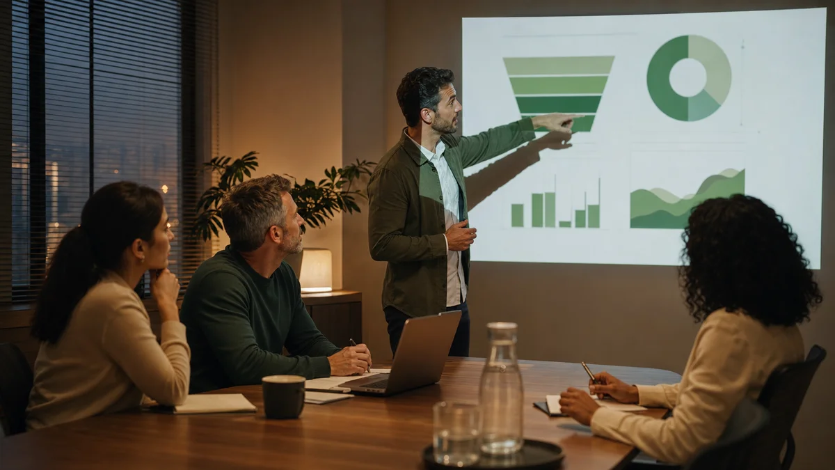RevOps manager presenting a pipeline coverage dashboard to a small leadership team in a boardroom